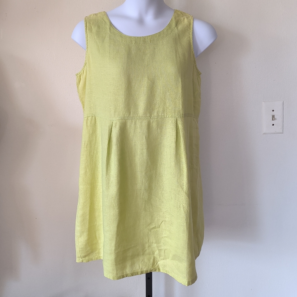 Vintage Real Comfort Women's 100% Linen Yellow Lime Green Sleeveless Dress 14P